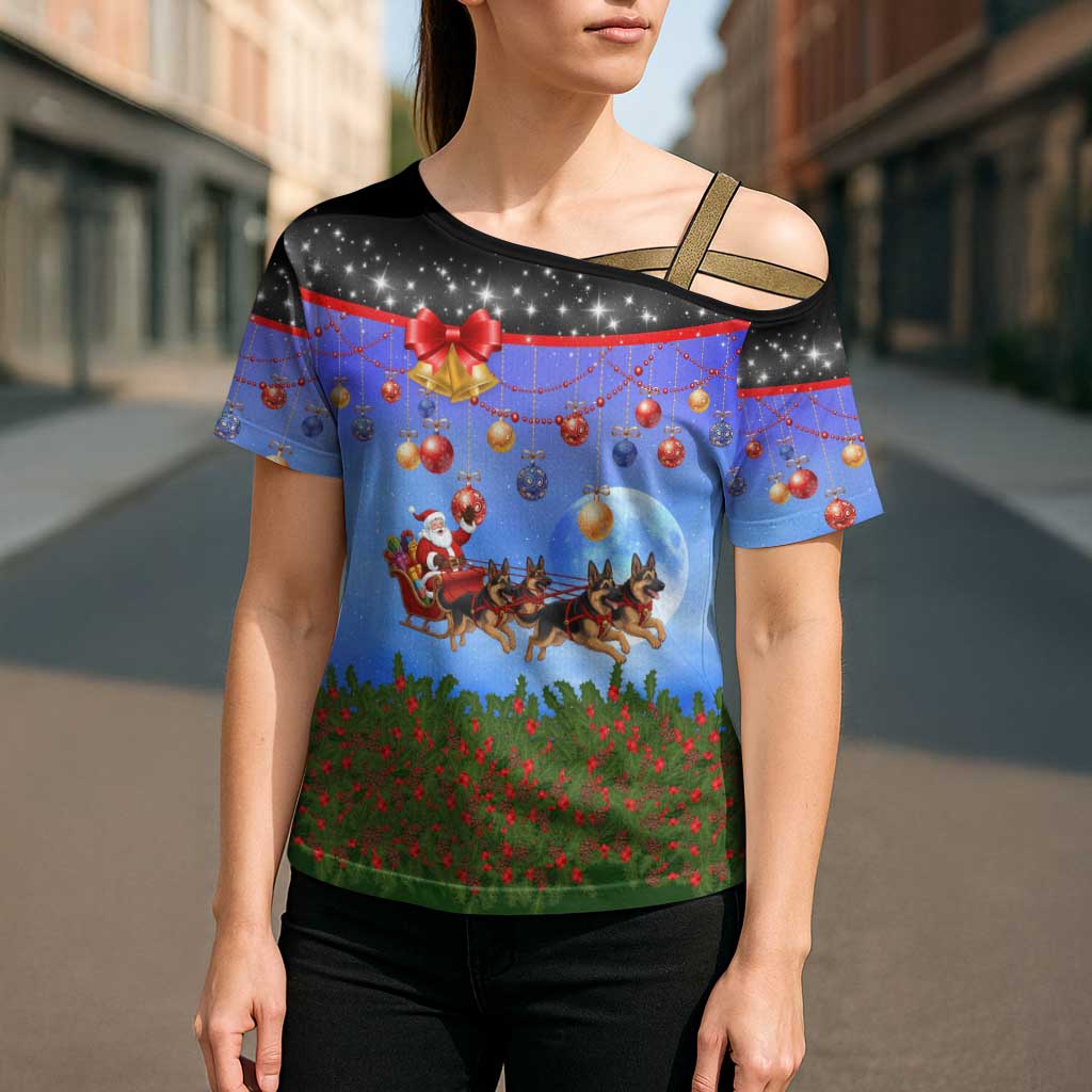German Shepherd Christmas Cross Shoulder Shirt with Santa Sleigh and Holiday Ornament Design - Wonder Print Shop