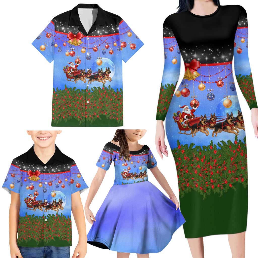 German Shepherd Christmas Family Matching Long Sleeve Bodycon Dress and Hawaiian Shirt with Santa Sleigh and Holiday Ornament Design - Wonder Print Shop