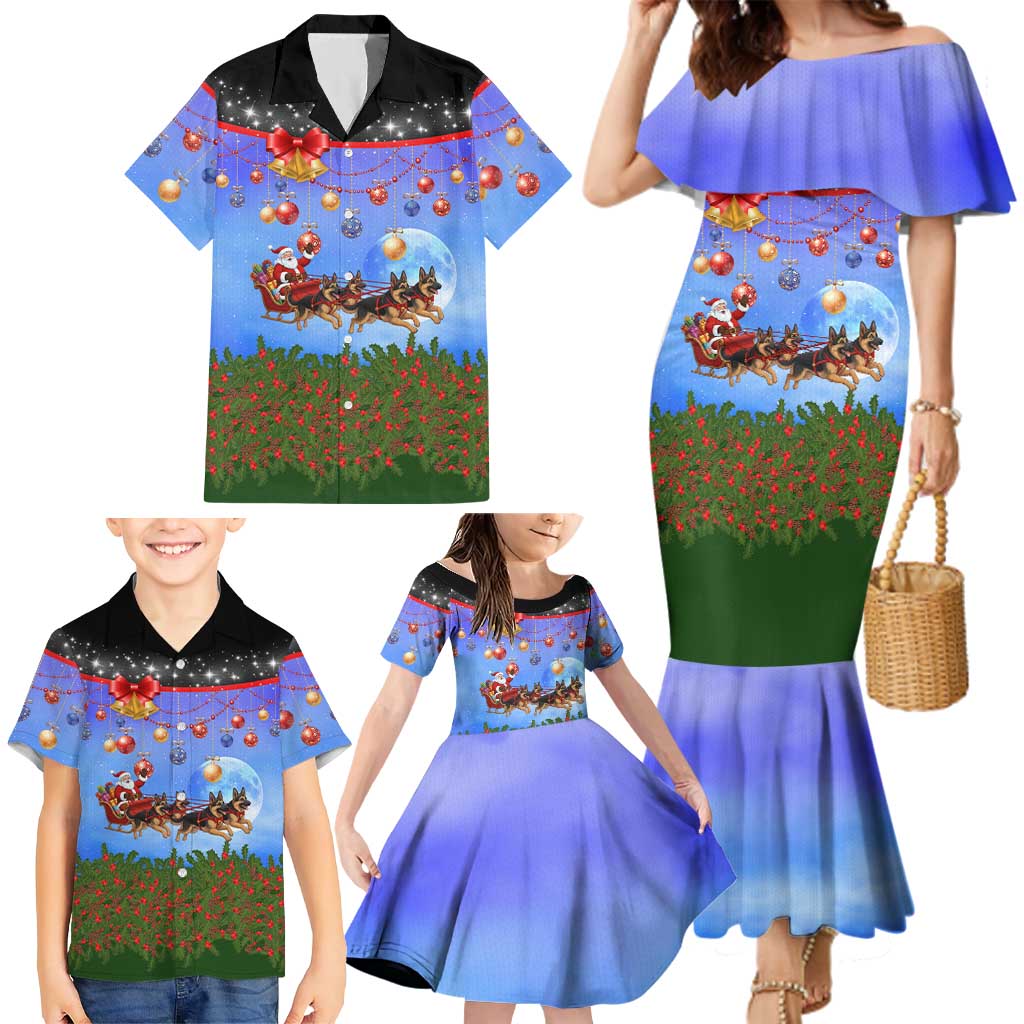 German Shepherd Christmas Family Matching Mermaid Dress and Hawaiian Shirt with Santa Sleigh and Holiday Ornament Design - Wonder Print Shop