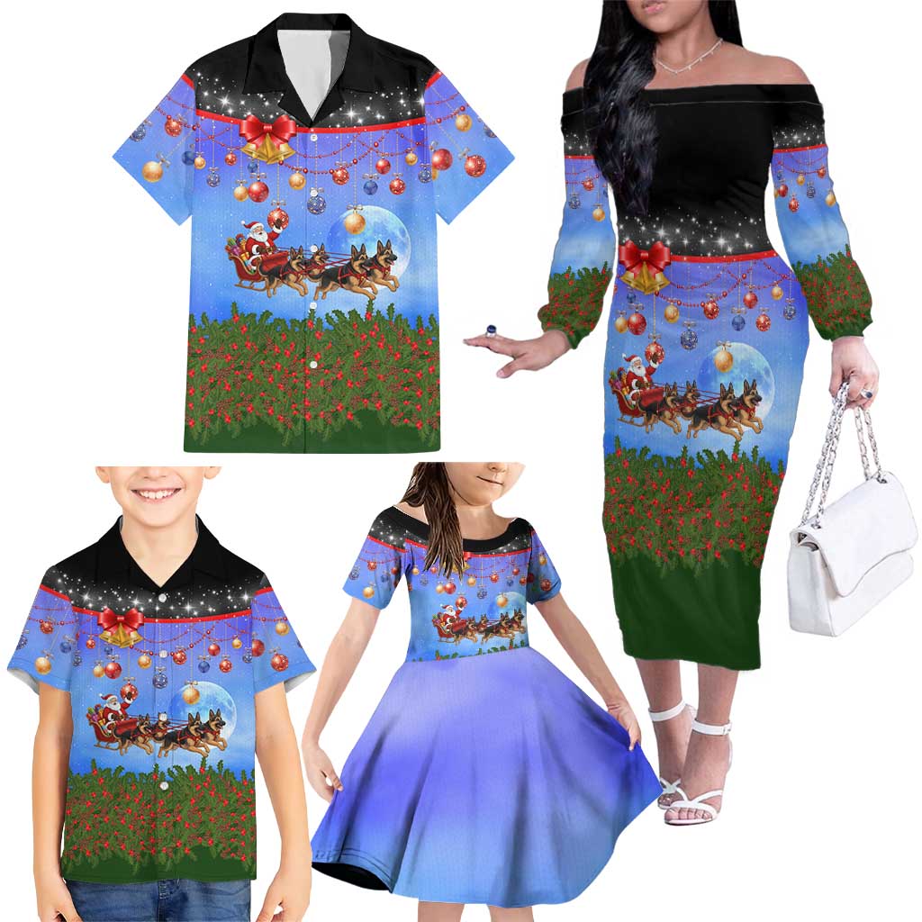 German Shepherd Christmas Family Matching Off The Shoulder Long Sleeve Dress and Hawaiian Shirt with Santa Sleigh and Holiday Ornament Design - Wonder Print Shop