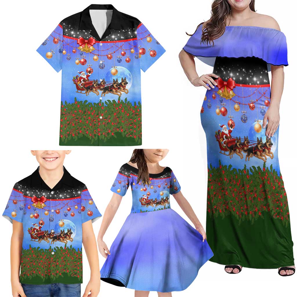 German Shepherd Christmas Family Matching Off Shoulder Maxi Dress and Hawaiian Shirt with Santa Sleigh and Holiday Ornament Design - Wonder Print Shop