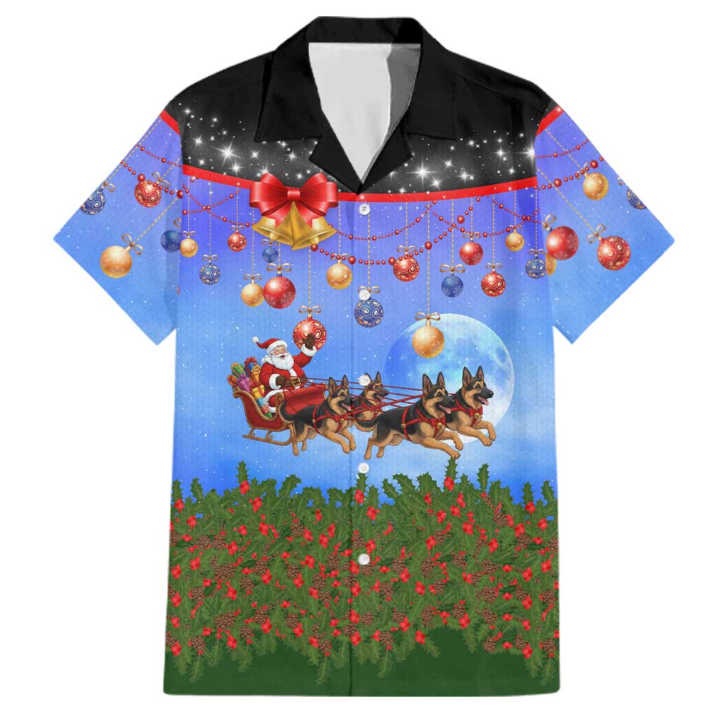 German Shepherd Christmas Family Matching Off Shoulder Maxi Dress and Hawaiian Shirt with Santa Sleigh and Holiday Ornament Design - Wonder Print Shop