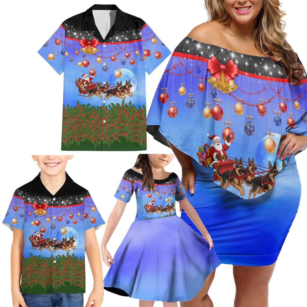German Shepherd Christmas Family Matching Off Shoulder Short Dress and Hawaiian Shirt with Santa Sleigh and Holiday Ornament Design - Wonder Print Shop
