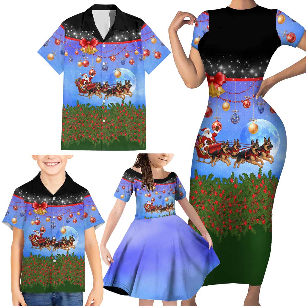 German Shepherd Christmas Family Matching Short Sleeve Bodycon Dress and Hawaiian Shirt with Santa Sleigh and Holiday Ornament Design - Wonder Print Shop