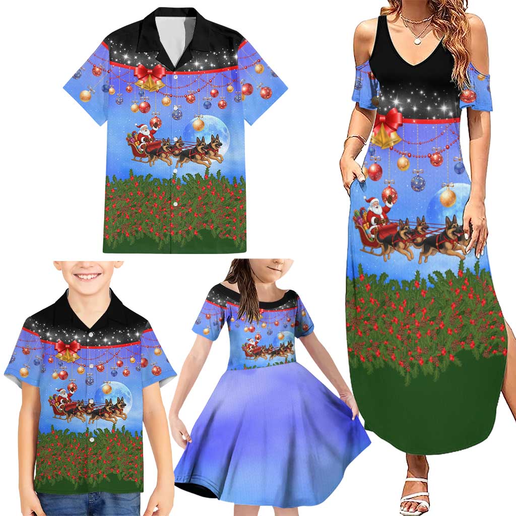 German Shepherd Christmas Family Matching Summer Maxi Dress and Hawaiian Shirt with Santa Sleigh and Holiday Ornament Design - Wonder Print Shop