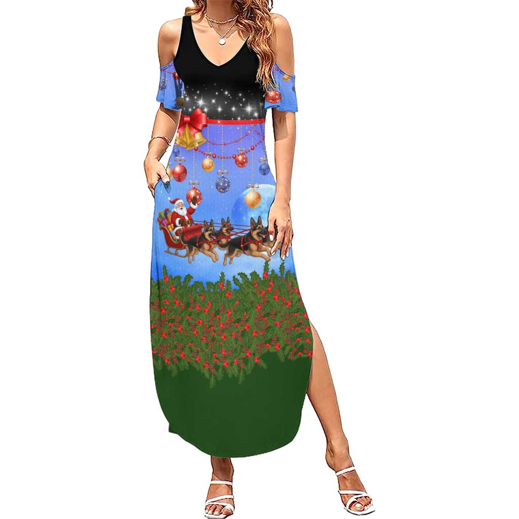 German Shepherd Christmas Family Matching Summer Maxi Dress and Hawaiian Shirt with Santa Sleigh and Holiday Ornament Design - Wonder Print Shop