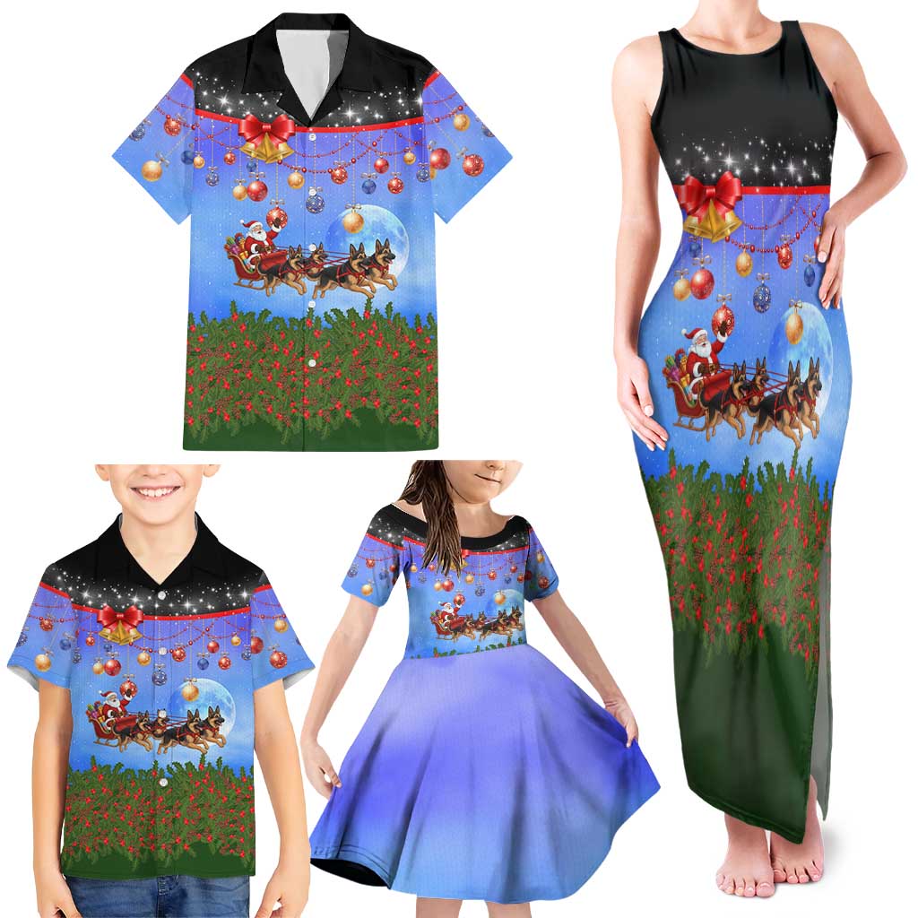 German Shepherd Christmas Family Matching Tank Maxi Dress and Hawaiian Shirt with Santa Sleigh and Holiday Ornament Design - Wonder Print Shop
