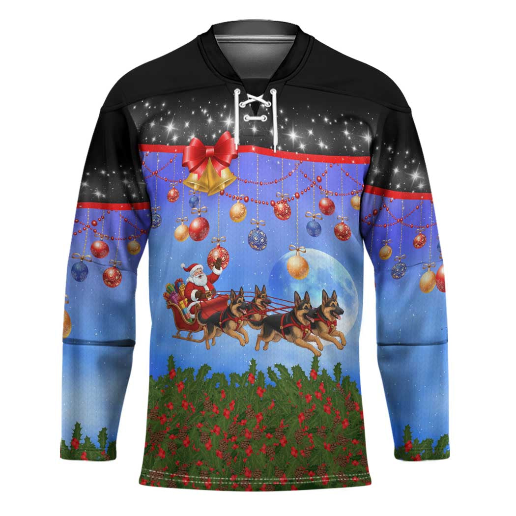 German Shepherd Christmas Hockey Jersey with Santa Sleigh and Holiday Ornament Design - Wonder Print Shop