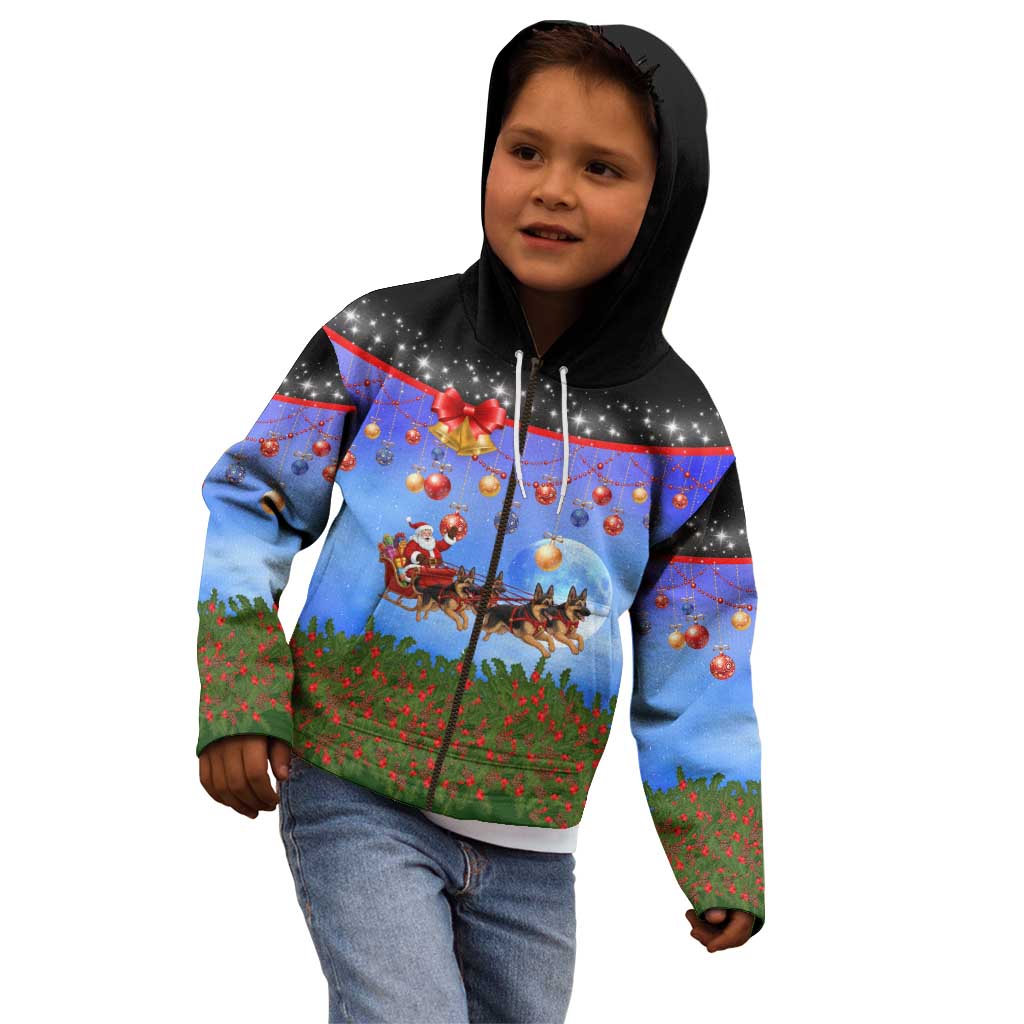 German Shepherd Christmas Kid Hoodie with Santa Sleigh and Holiday Ornament Design - Wonder Print Shop