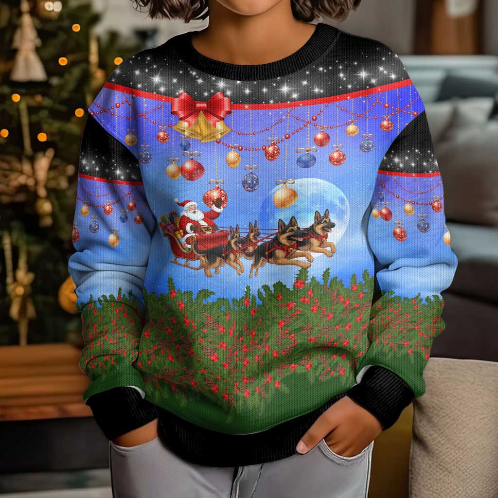 German Shepherd Christmas Kid Ugly Christmas Sweater with Santa Sleigh and Holiday Ornament Design - Wonder Print Shop