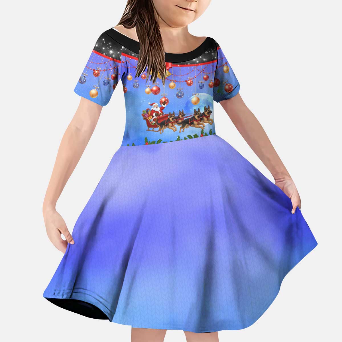 German Shepherd Christmas Kid Short Sleeve Dress with Santa Sleigh and Holiday Ornament Design - Wonder Print Shop