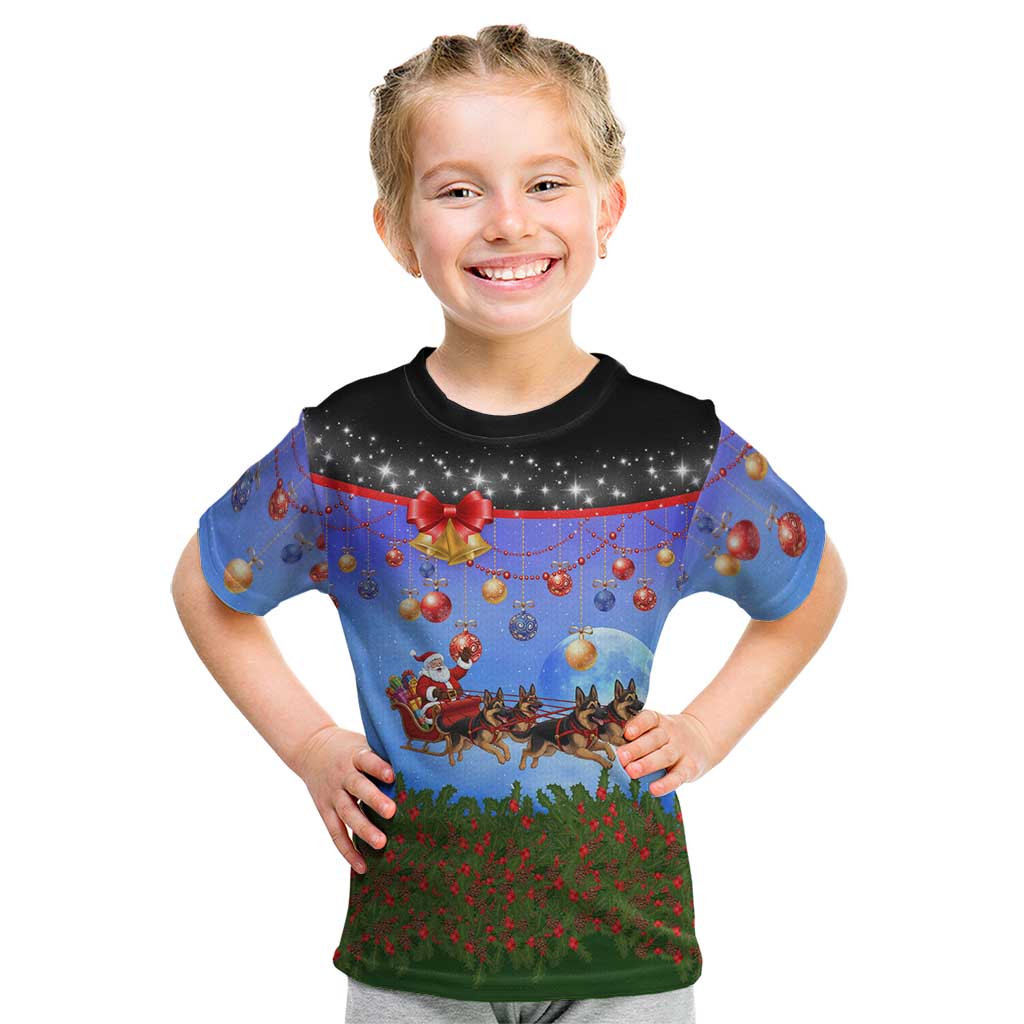 German Shepherd Christmas Kid T Shirt with Santa Sleigh and Holiday Ornament Design - Wonder Print Shop