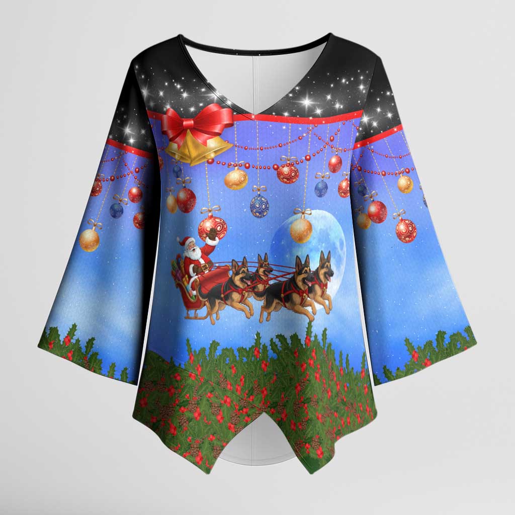 German Shepherd Christmas Kimono Sleeve Blouse with Santa Sleigh and Holiday Ornament Design - Wonder Print Shop