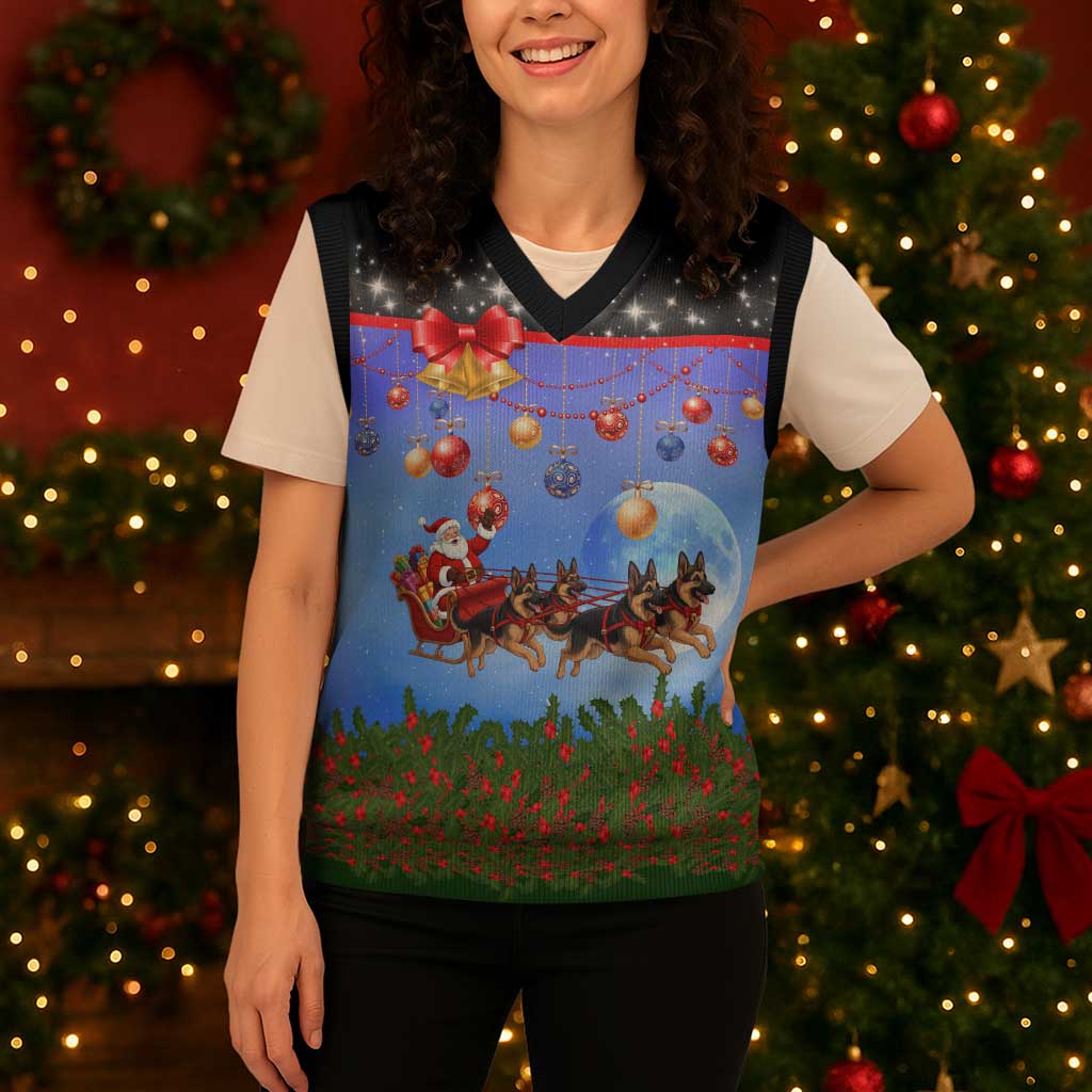 German Shepherd Christmas Knitted V-Neck Vest with Santa Sleigh and Holiday Ornament Design - Wonder Print Shop