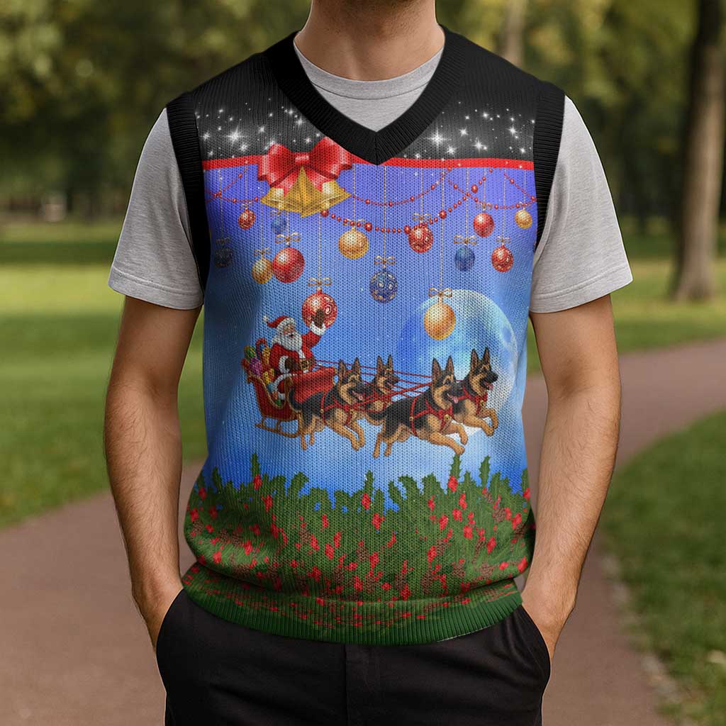 German Shepherd Christmas Knitted V-Neck Vest with Santa Sleigh and Holiday Ornament Design - Wonder Print Shop