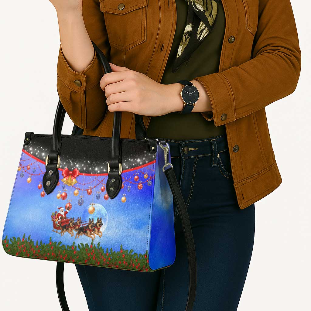 German Shepherd Christmas Leather Bag with Santa Sleigh and Holiday Ornament Design - Wonder Print Shop