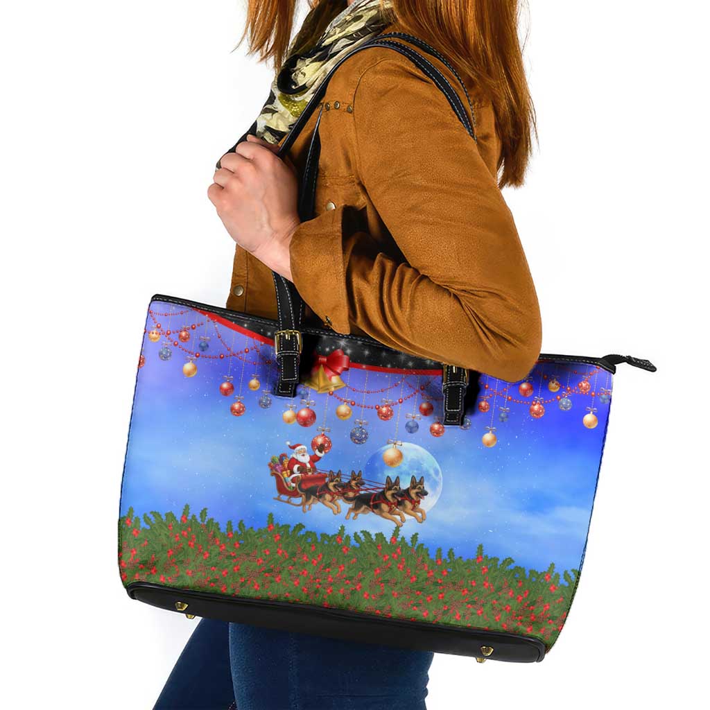 German Shepherd Christmas Leather Tote Bag with Santa Sleigh and Holiday Ornament Design - Wonder Print Shop