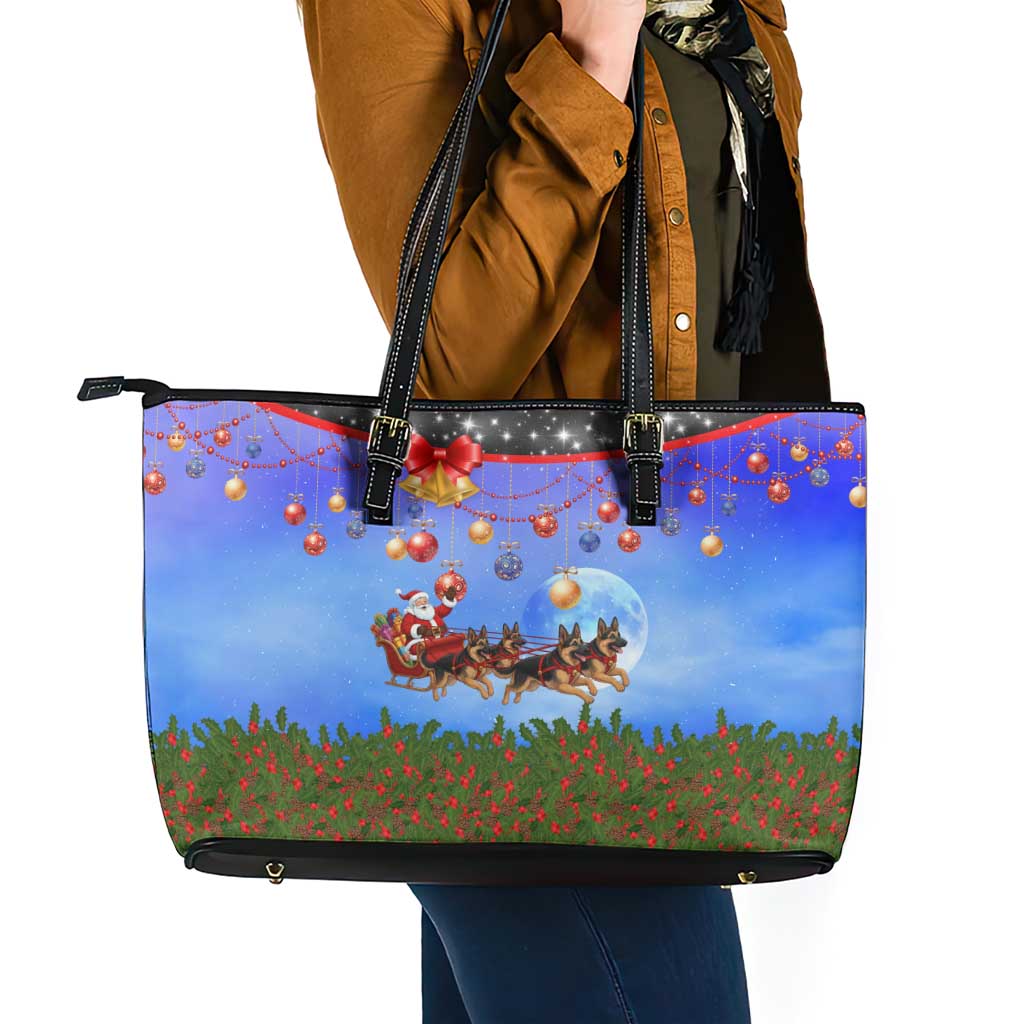 German Shepherd Christmas Leather Tote Bag with Santa Sleigh and Holiday Ornament Design - Wonder Print Shop