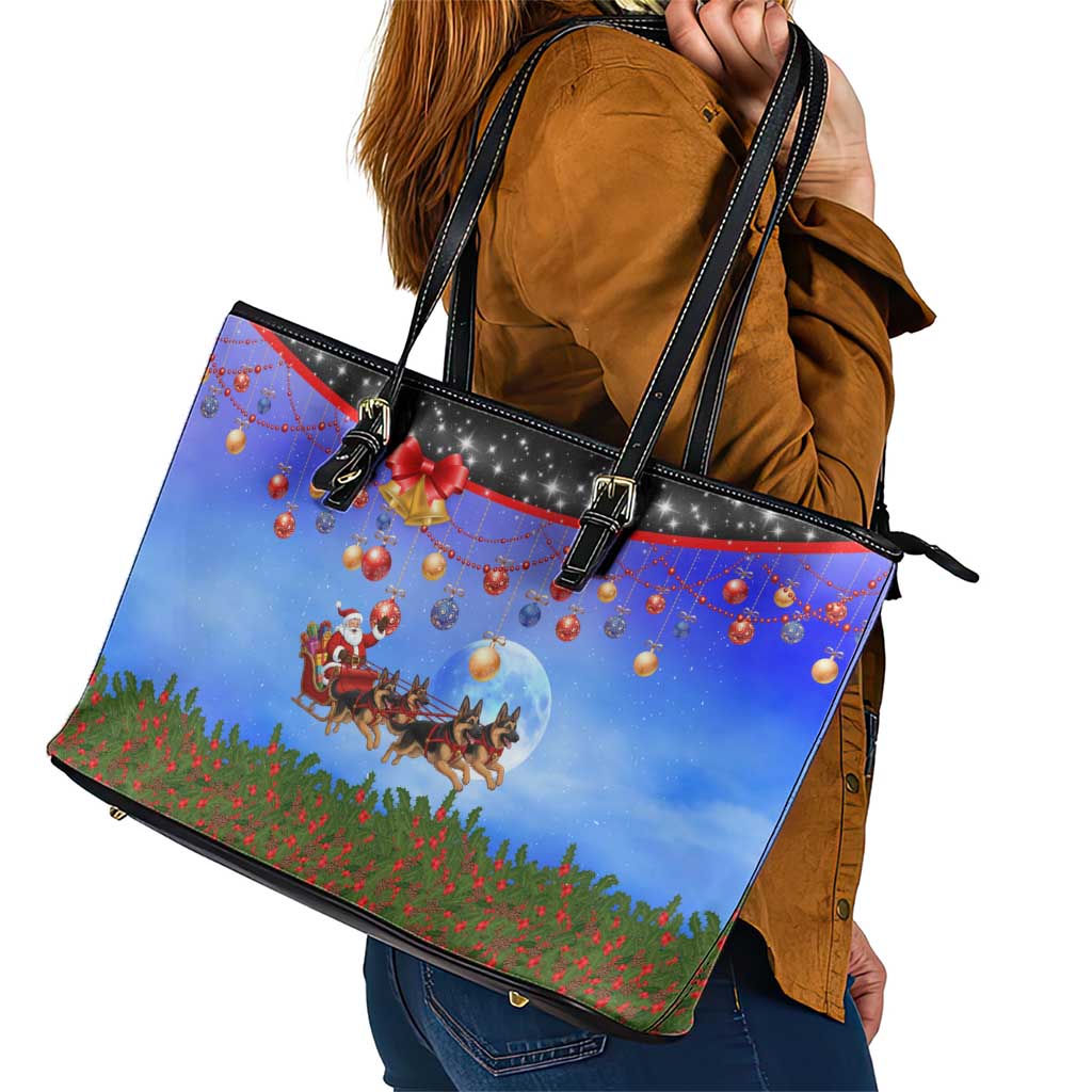 German Shepherd Christmas Leather Tote Bag with Santa Sleigh and Holiday Ornament Design - Wonder Print Shop
