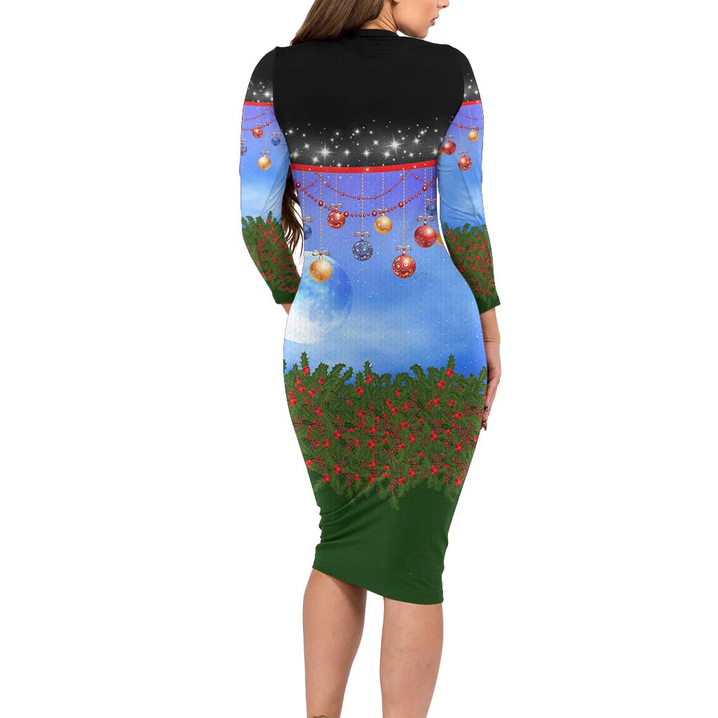 German Shepherd Christmas Long Sleeve Bodycon Dress with Santa Sleigh and Holiday Ornament Design - Wonder Print Shop