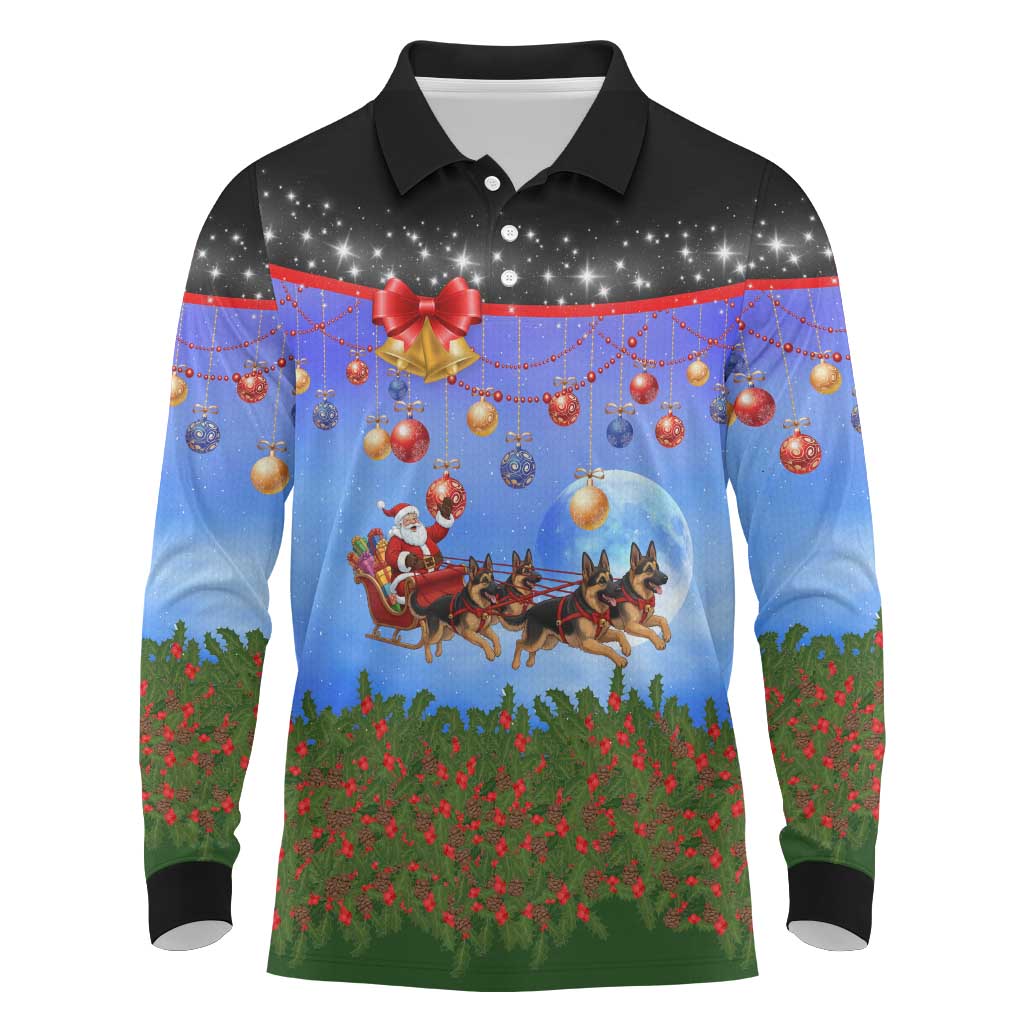 German Shepherd Christmas Long Sleeve Polo Shirt with Santa Sleigh and Holiday Ornament Design - Wonder Print Shop