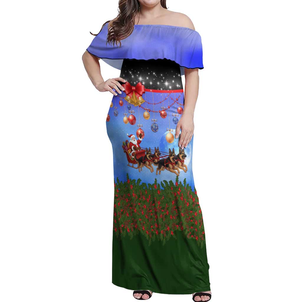 German Shepherd Christmas Off Shoulder Maxi Dress with Santa Sleigh and Holiday Ornament Design - Wonder Print Shop