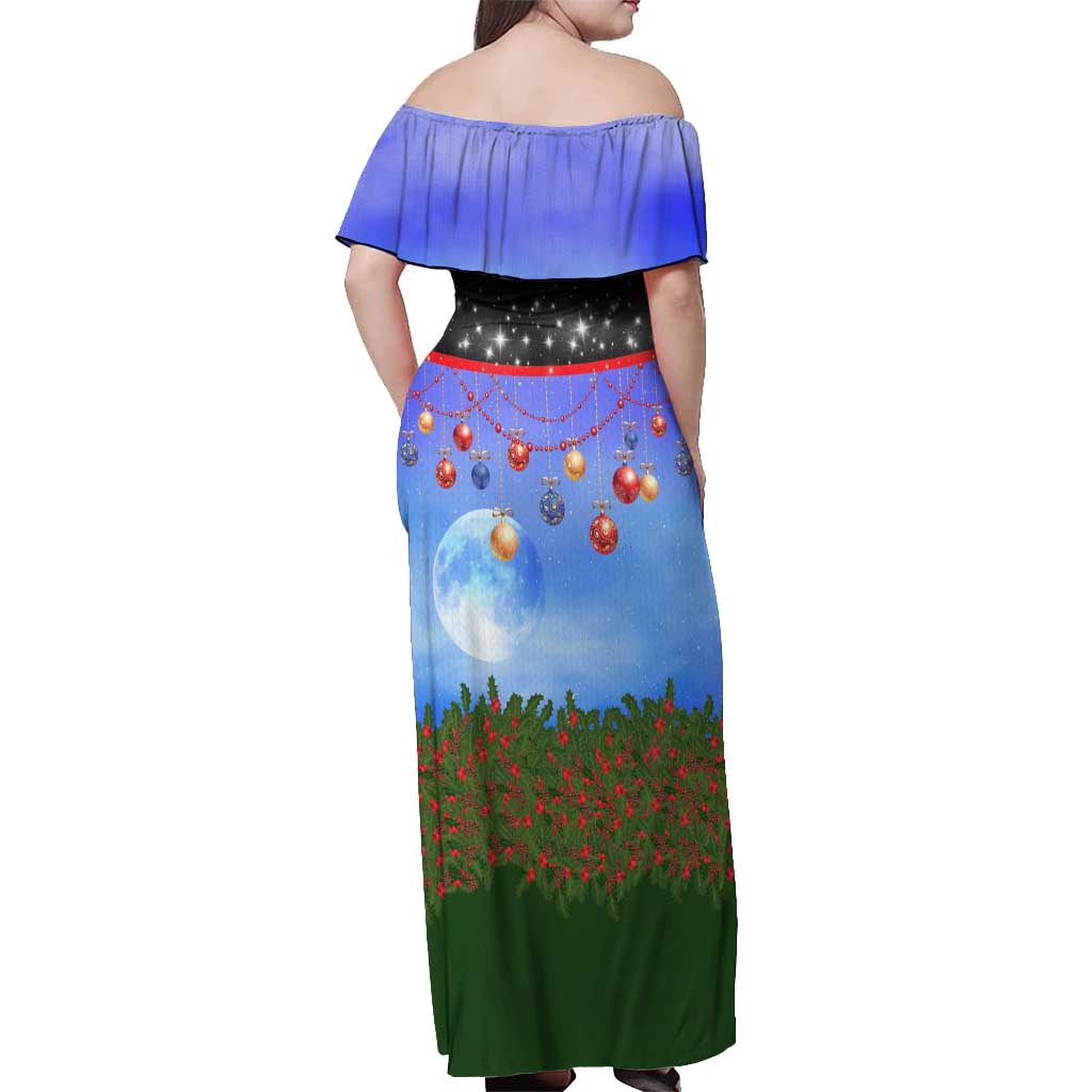 German Shepherd Christmas Off Shoulder Maxi Dress with Santa Sleigh and Holiday Ornament Design - Wonder Print Shop