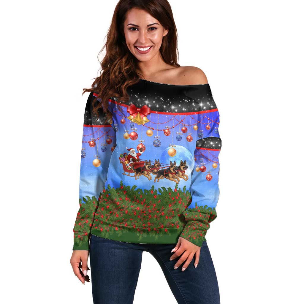 German Shepherd Christmas Off Shoulder Sweater with Santa Sleigh and Holiday Ornament Design - Wonder Print Shop