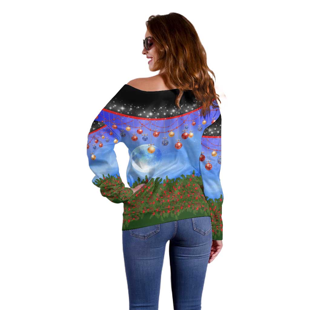 German Shepherd Christmas Off Shoulder Sweater with Santa Sleigh and Holiday Ornament Design - Wonder Print Shop