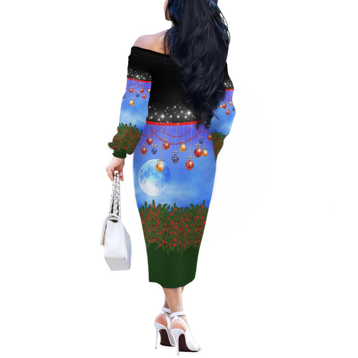German Shepherd Christmas Off The Shoulder Long Sleeve Dress with Santa Sleigh and Holiday Ornament Design - Wonder Print Shop