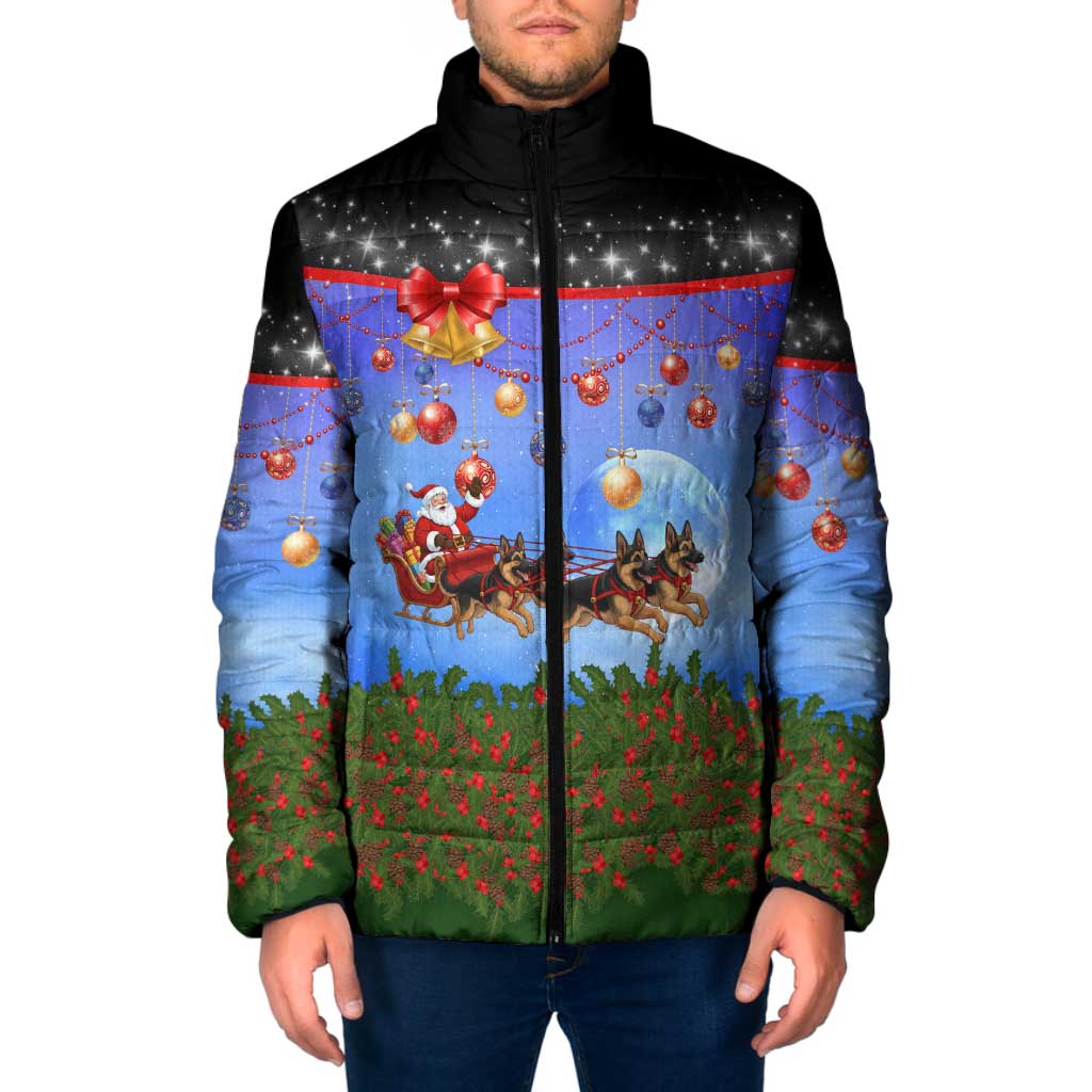 German Shepherd Christmas Padded Jacket with Santa Sleigh and Holiday Ornament Design - Wonder Print Shop