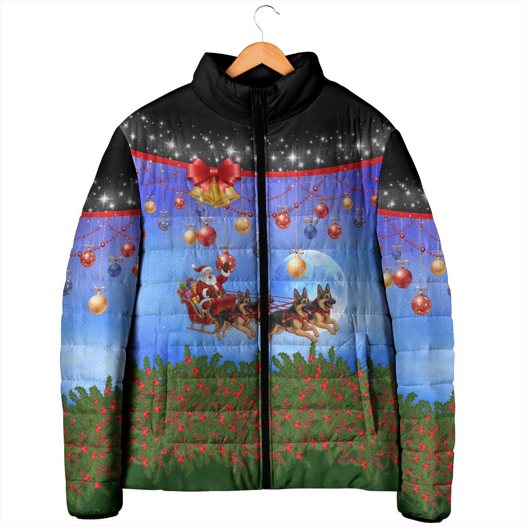 German Shepherd Christmas Padded Jacket with Santa Sleigh and Holiday Ornament Design - Wonder Print Shop