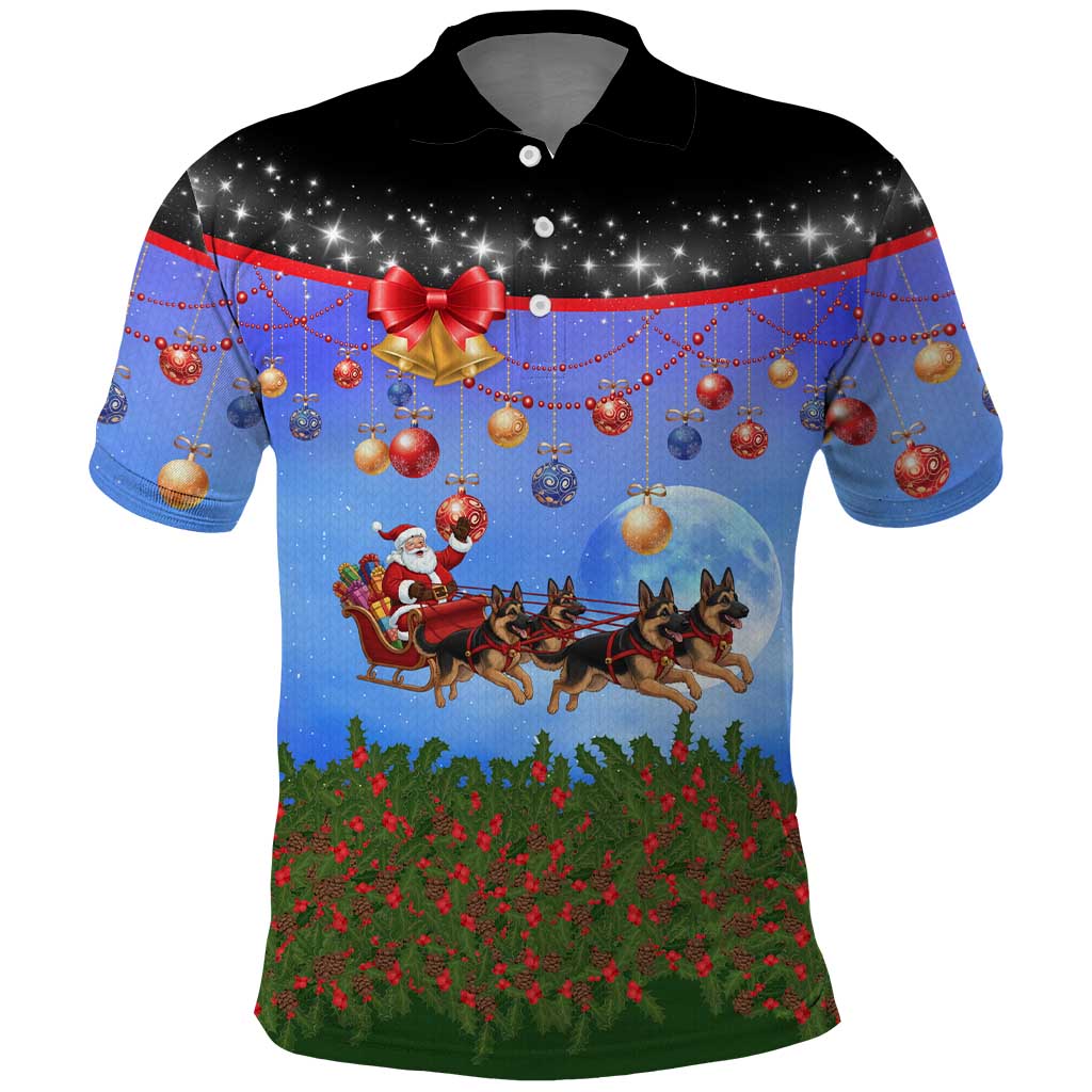 German Shepherd Christmas Polo Shirt with Santa Sleigh and Holiday Ornament Design - Wonder Print Shop