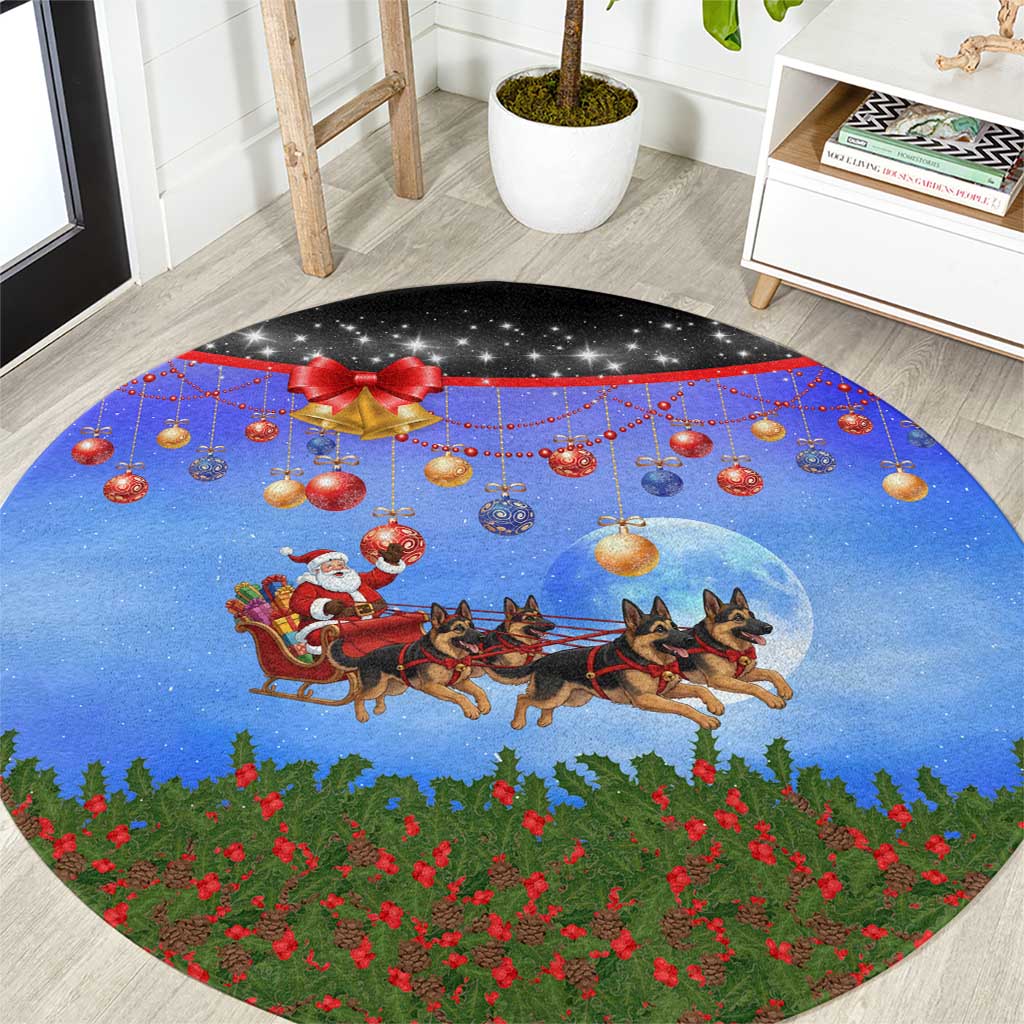 German Shepherd Christmas Round Carpet with Santa Sleigh and Holiday Ornament Design - Wonder Print Shop