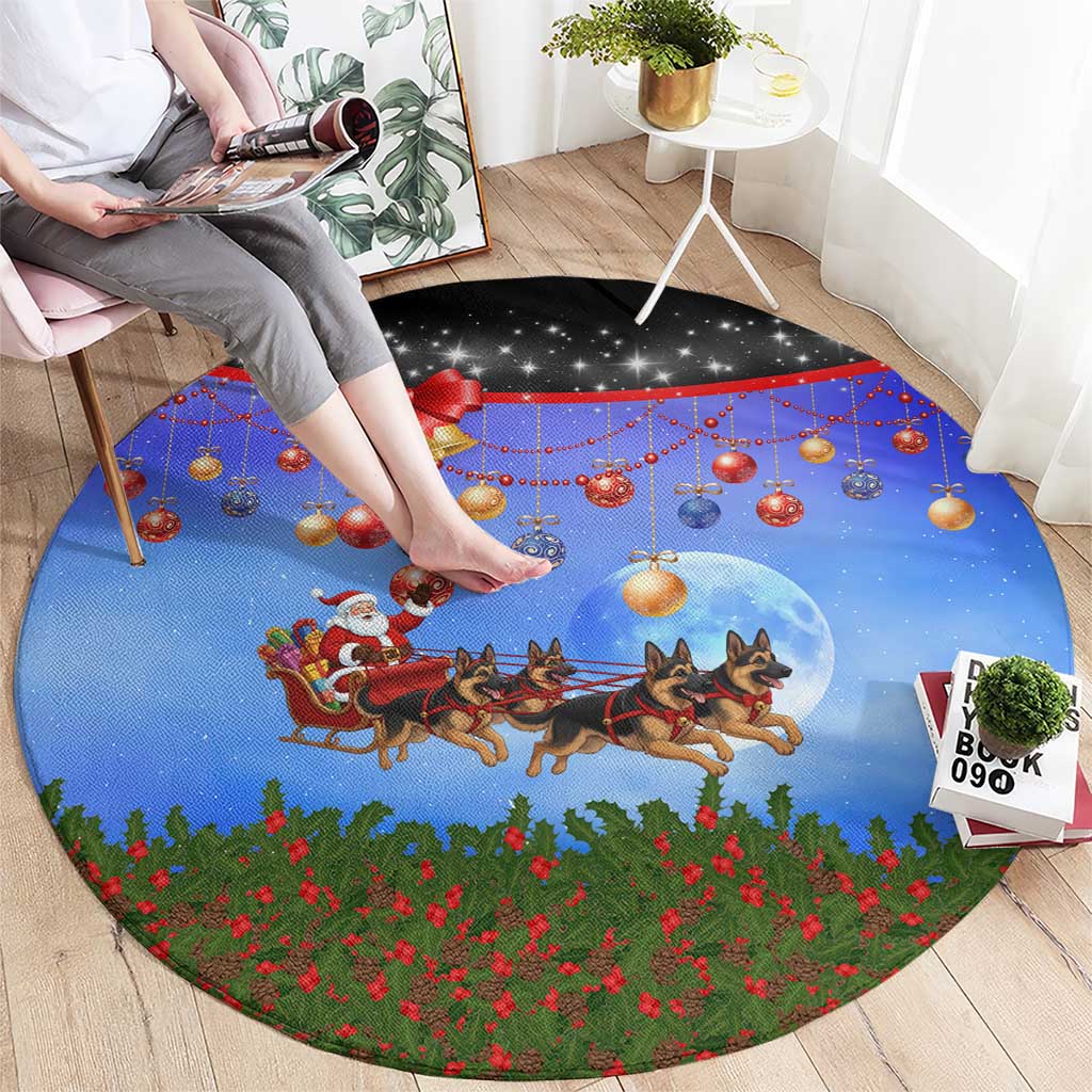 German Shepherd Christmas Round Carpet with Santa Sleigh and Holiday Ornament Design - Wonder Print Shop