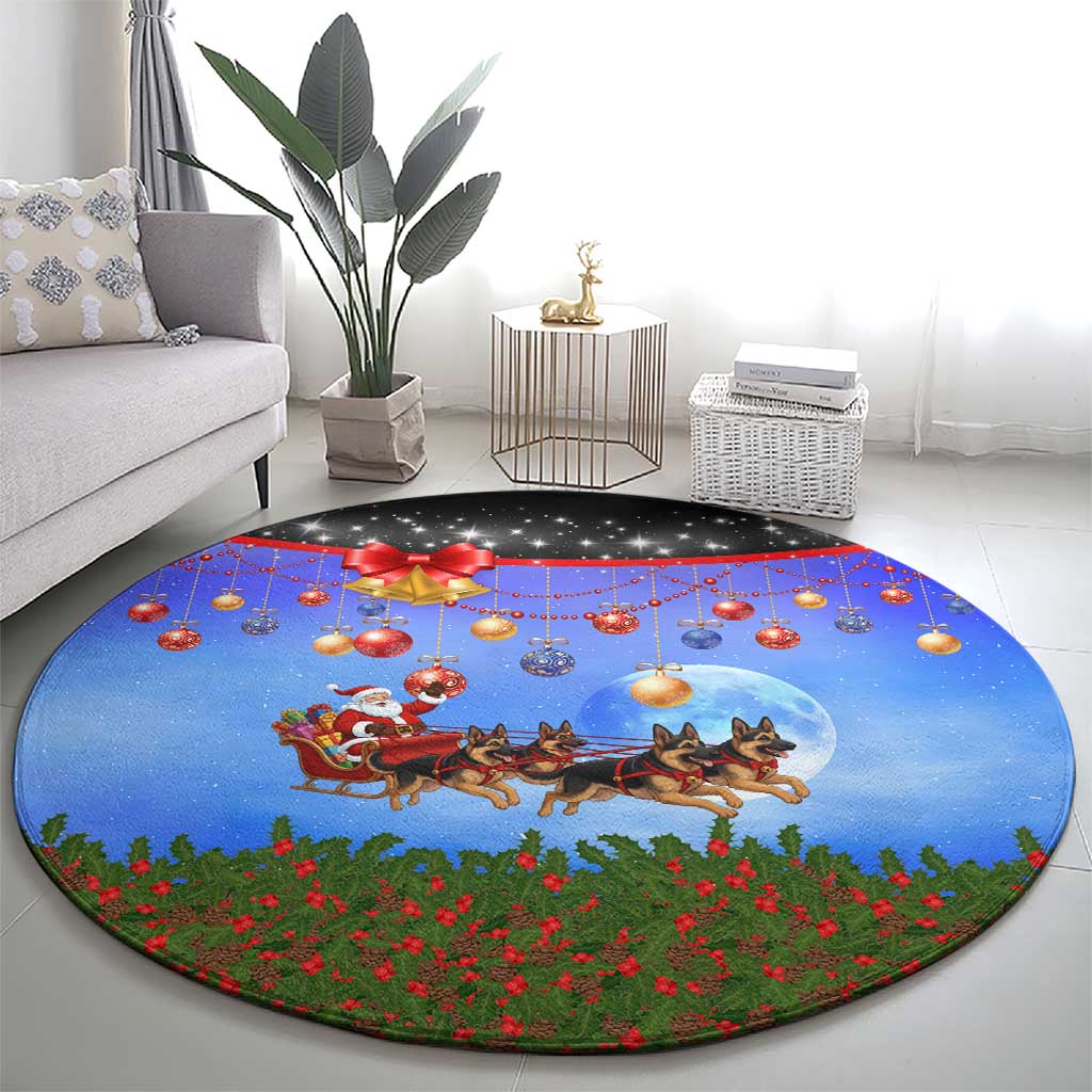 German Shepherd Christmas Round Carpet with Santa Sleigh and Holiday Ornament Design - Wonder Print Shop