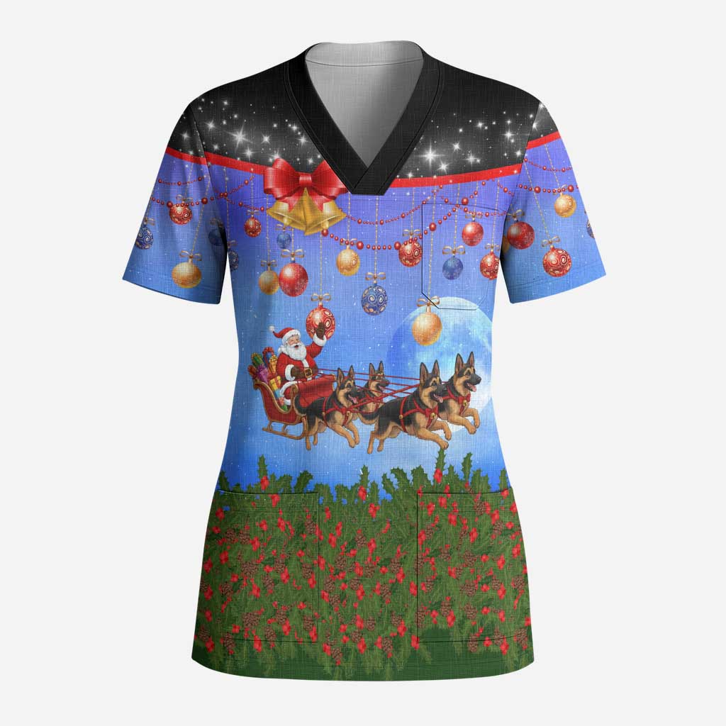 German Shepherd Christmas Scrub Top with Santa Sleigh and Holiday Ornament Design - Wonder Print Shop