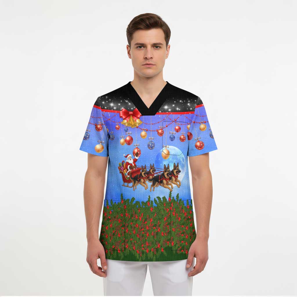 German Shepherd Christmas Scrub Top with Santa Sleigh and Holiday Ornament Design - Wonder Print Shop