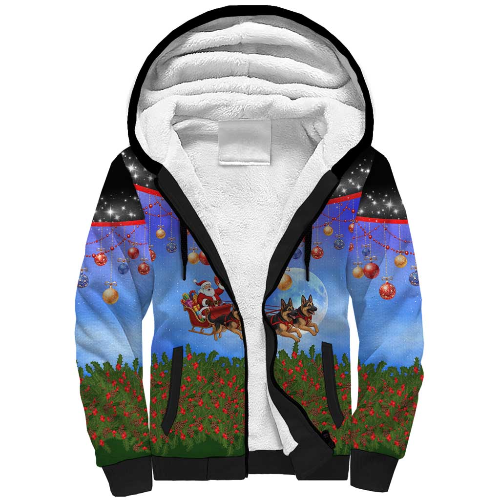 German Shepherd Christmas Sherpa Hoodie with Santa Sleigh and Holiday Ornament Design - Wonder Print Shop