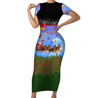 German Shepherd Christmas Short Sleeve Bodycon Dress with Santa Sleigh and Holiday Ornament Design - Wonder Print Shop