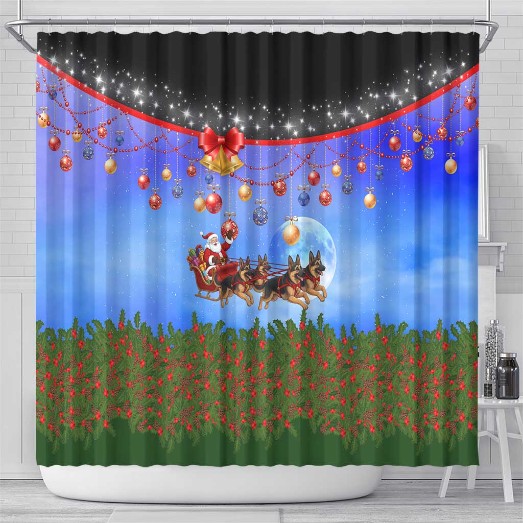 German Shepherd Christmas Shower Curtain with Santa Sleigh and Holiday Ornament Design - Wonder Print Shop