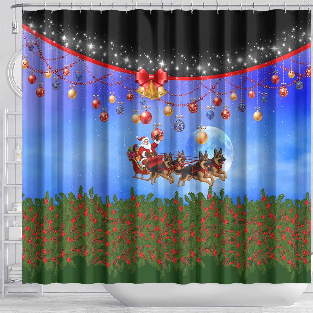 German Shepherd Christmas Shower Curtain with Santa Sleigh and Holiday Ornament Design - Wonder Print Shop