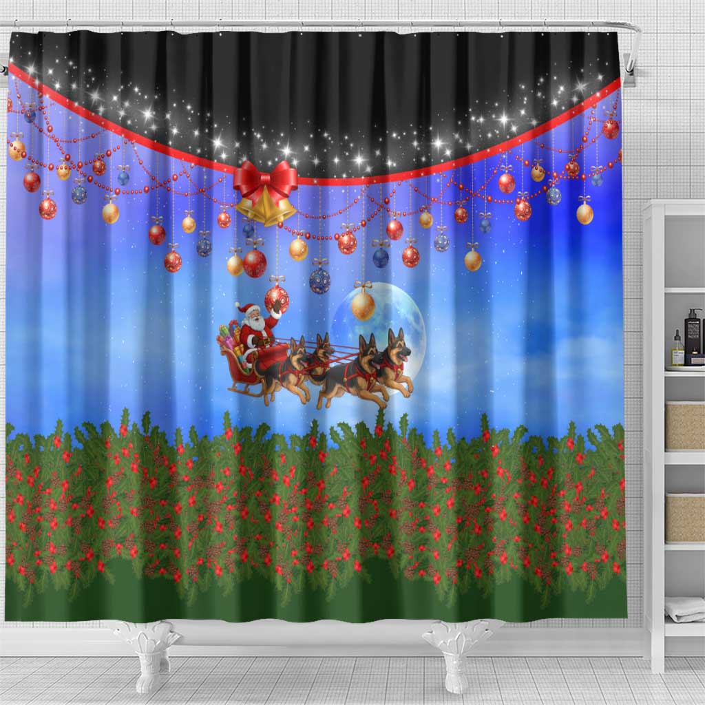 German Shepherd Christmas Shower Curtain with Santa Sleigh and Holiday Ornament Design - Wonder Print Shop