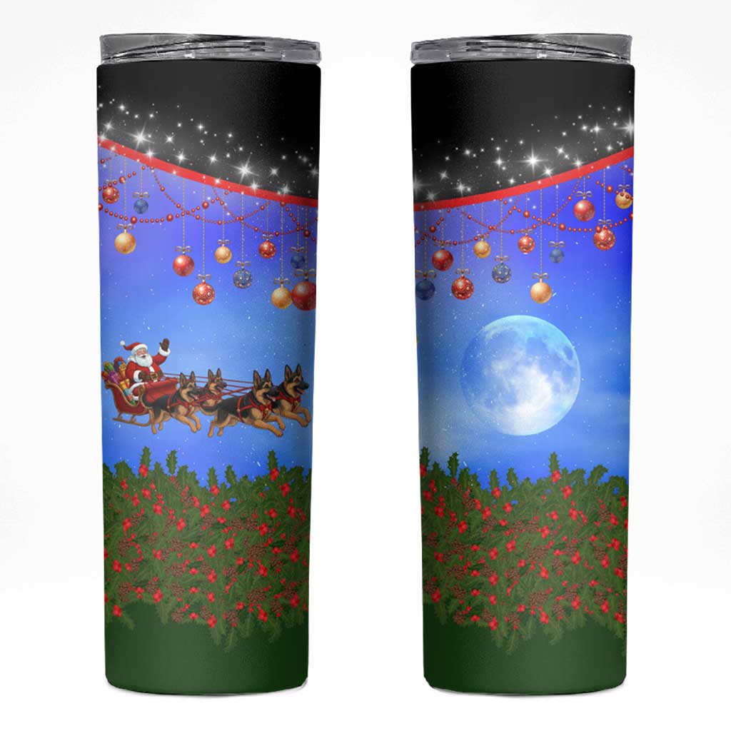 German Shepherd Christmas Skinny Tumbler with Santa Sleigh and Holiday Ornament Design - Wonder Print Shop
