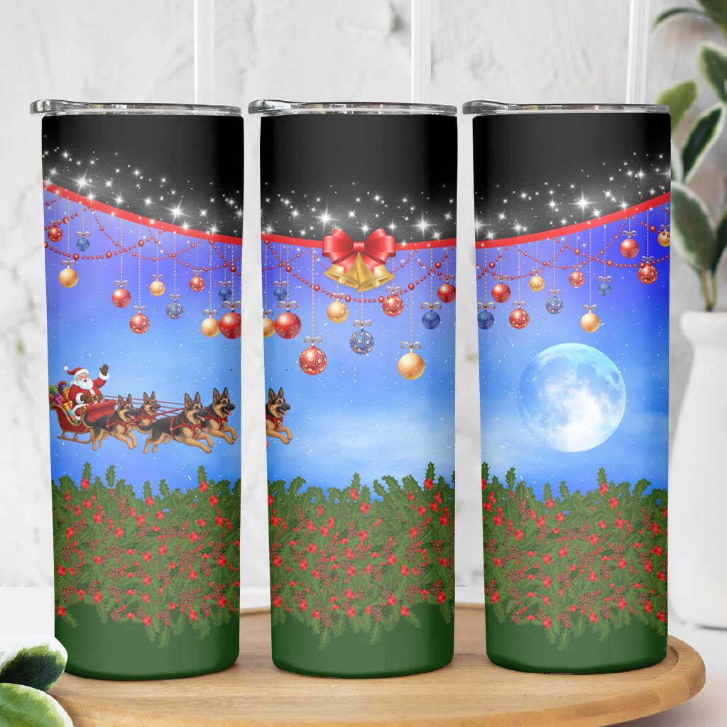 German Shepherd Christmas Skinny Tumbler with Santa Sleigh and Holiday Ornament Design - Wonder Print Shop