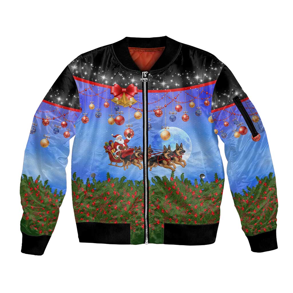 German Shepherd Christmas Sleeve Zip Bomber Jacket with Santa Sleigh and Holiday Ornament Design - Wonder Print Shop