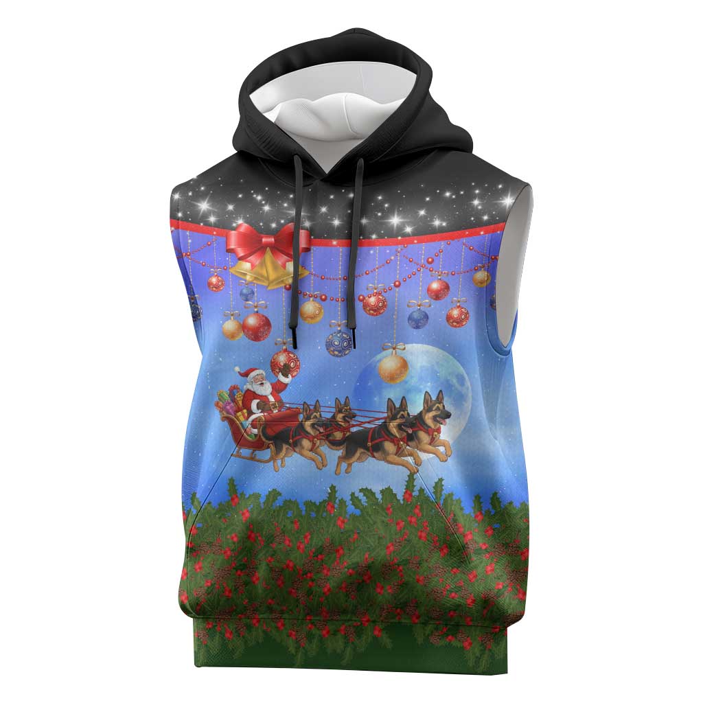 German Shepherd Christmas Sleeveless Hoodie with Santa Sleigh and Holiday Ornament Design - Wonder Print Shop