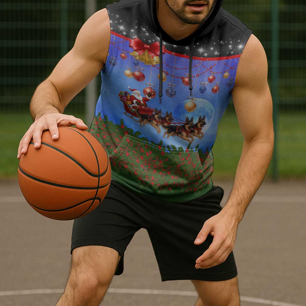 German Shepherd Christmas Sleeveless Hoodie with Santa Sleigh and Holiday Ornament Design - Wonder Print Shop