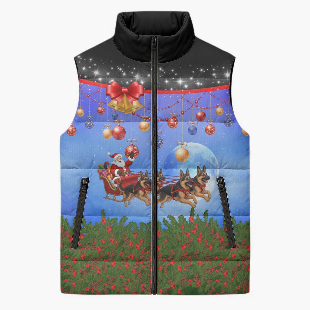 German Shepherd Christmas Sleeveless Puffer Jacket with Santa Sleigh and Holiday Ornament Design - Wonder Print Shop