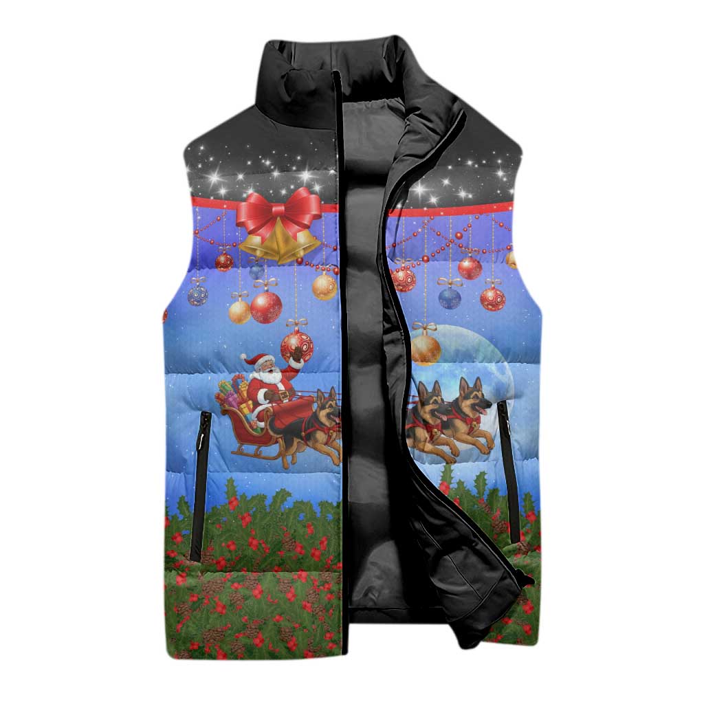 German Shepherd Christmas Sleeveless Puffer Jacket with Santa Sleigh and Holiday Ornament Design - Wonder Print Shop